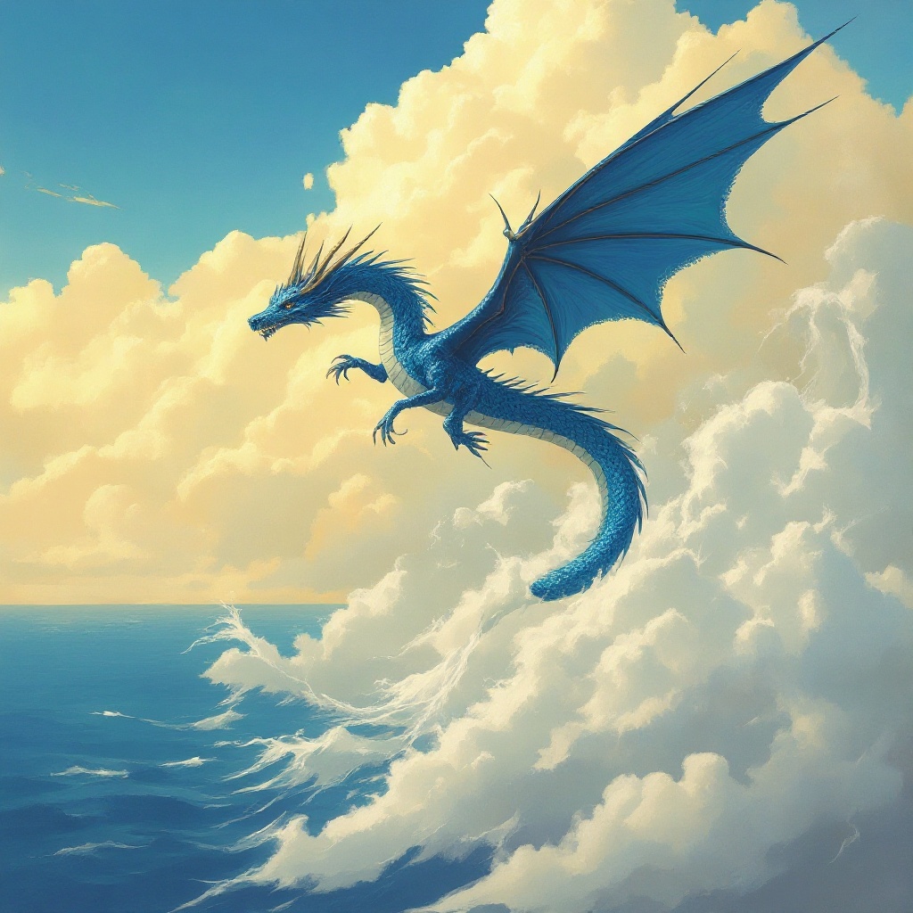 Alisio Junpū, the sapphire trade-wind dragon of JADA — a winged serpent whose tail dissolves into white wind-froth above the open Pacific